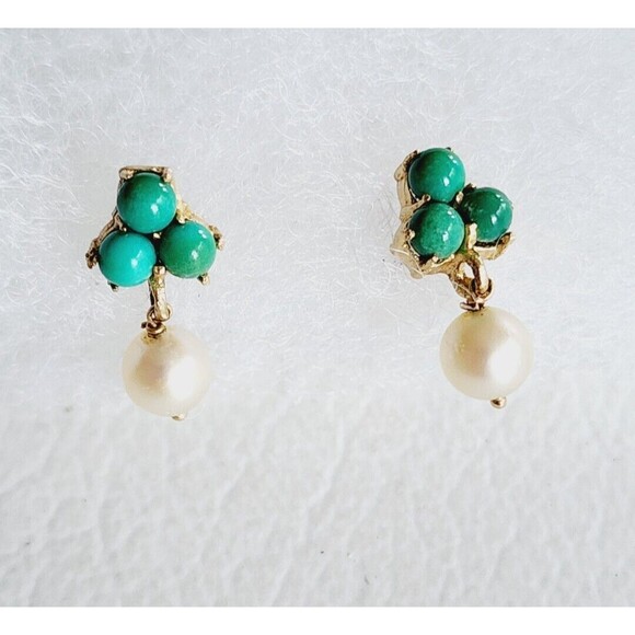 Vintage 14k Yellow Gold Bead Turquoise & 5.9mm Pearl Floral Dangle Earrings 2.1g